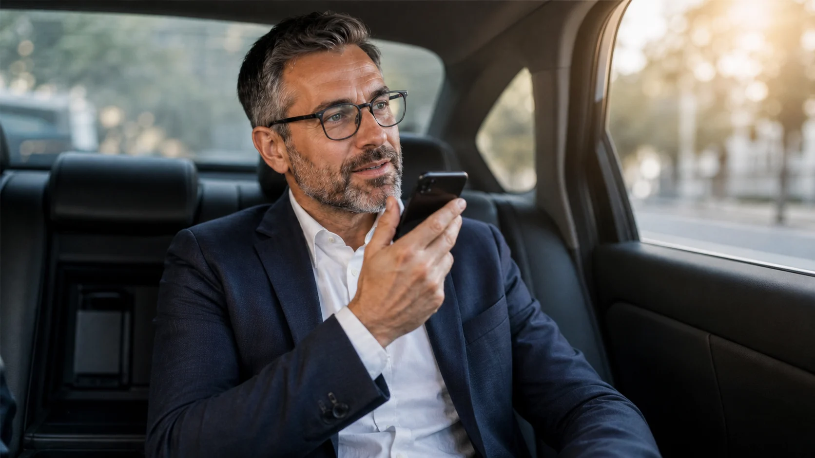 Unternehmer im Auto, der mit seinem Companion spricht